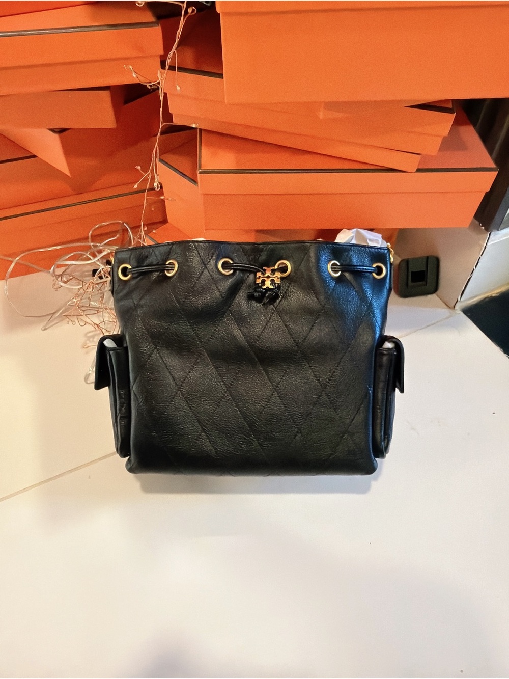 Tory Burch Black Quilted Leather Drawstring Crossbody